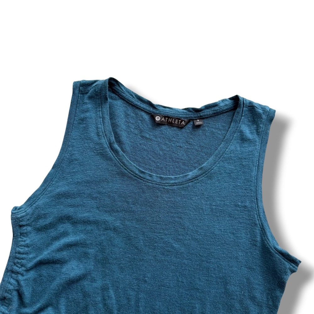 Athleta Womens S Tumbling Teal 100% Linen Ruched Side Scoop Neck Tank Top Beachy